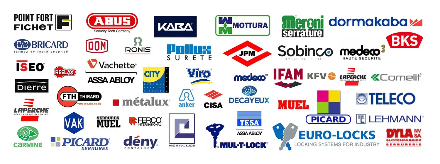 fichet, abus, kaba, mottura, meroni, bricard dom, ronis, pollux, jpm, sobinco, medeco, dierre, fth thirard, vachette, assa abloy, city, viro, medeco, ifam, kfv, laperche, comelit, vak, muel, ferco, metalux, anker, cisa, decayeux, picard, telco, lehman, dyla, euro-locks, lul-t-lock, heracles, deny fontaine, carmine, bks, dormakaba